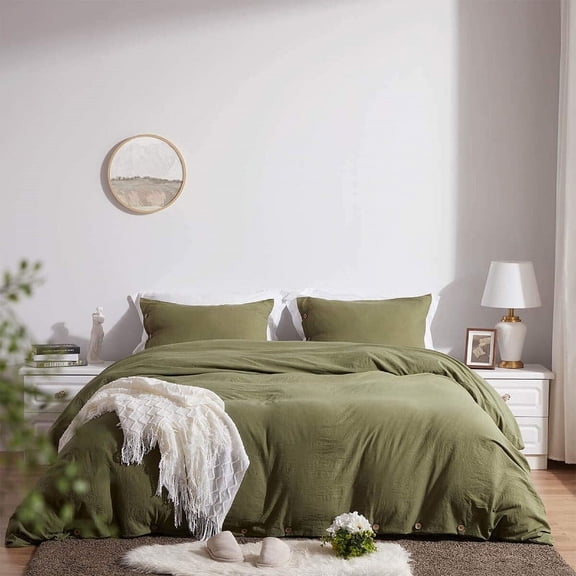Pavish Export Duvet Cover Set 100% Washed Cotton Linen Feel Comfortable Lightweight 3 Pcs Olive Green Twin