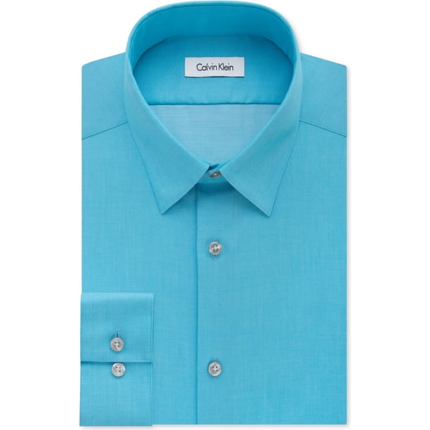 Calvin Klein - Camisa de vestir con botones para hombre, ajuste delgado, azul, cuello de 17.5 pulgadas, manga de 32 a 33 pulgadas