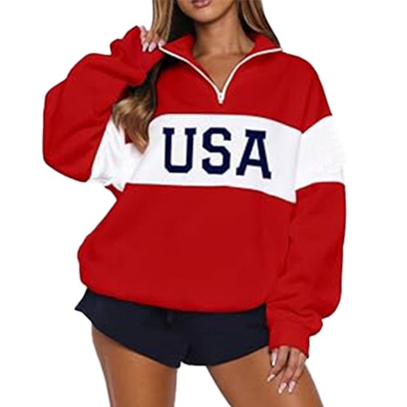 Uobin Women's Oversized USA Graphic Letter Print Sweatshirts Crewneck Patriotic Pullover Tops Winter Sweater