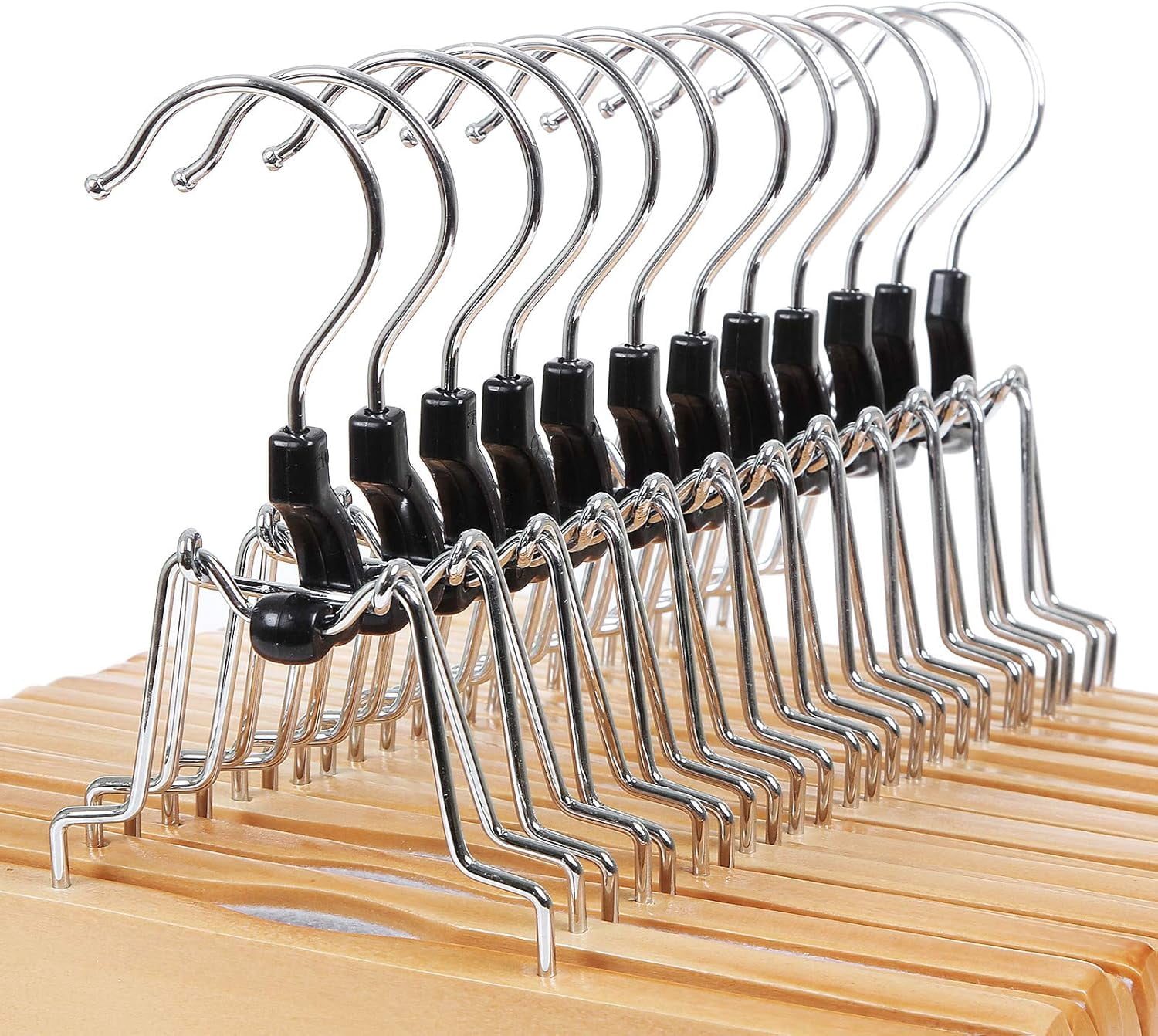 12 Pack Wooden Pants Hangers, Premium Solid Wood with Non-Slip Felt, Hold Pants Tightly, Smooth Finish Wood Skirt Hangers, with 360° Swivel Hook