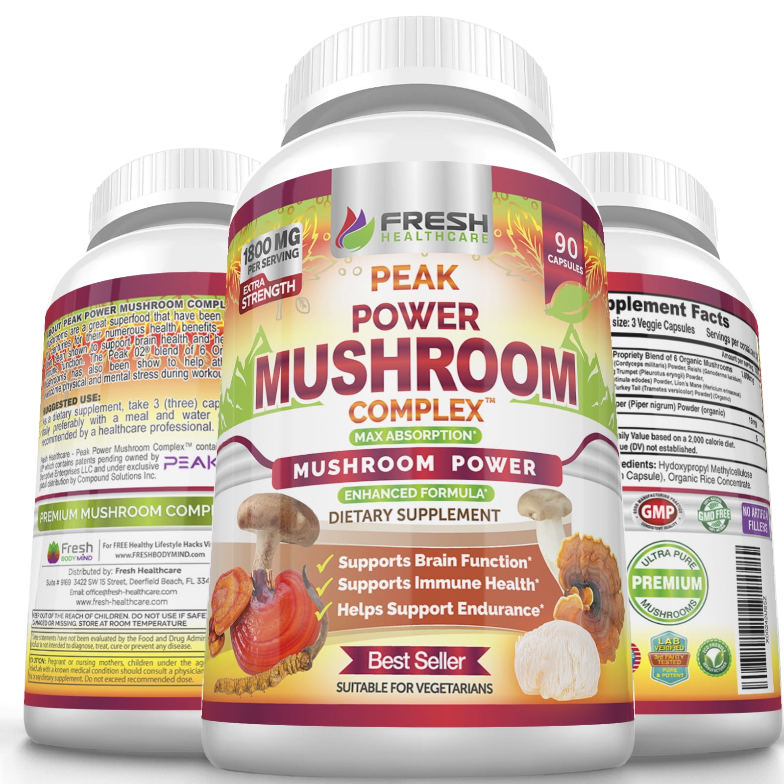 Premium 6 Mushroom Immune Support Supplement, 90 Vegan Capsules of Peak Power Complex with Lions