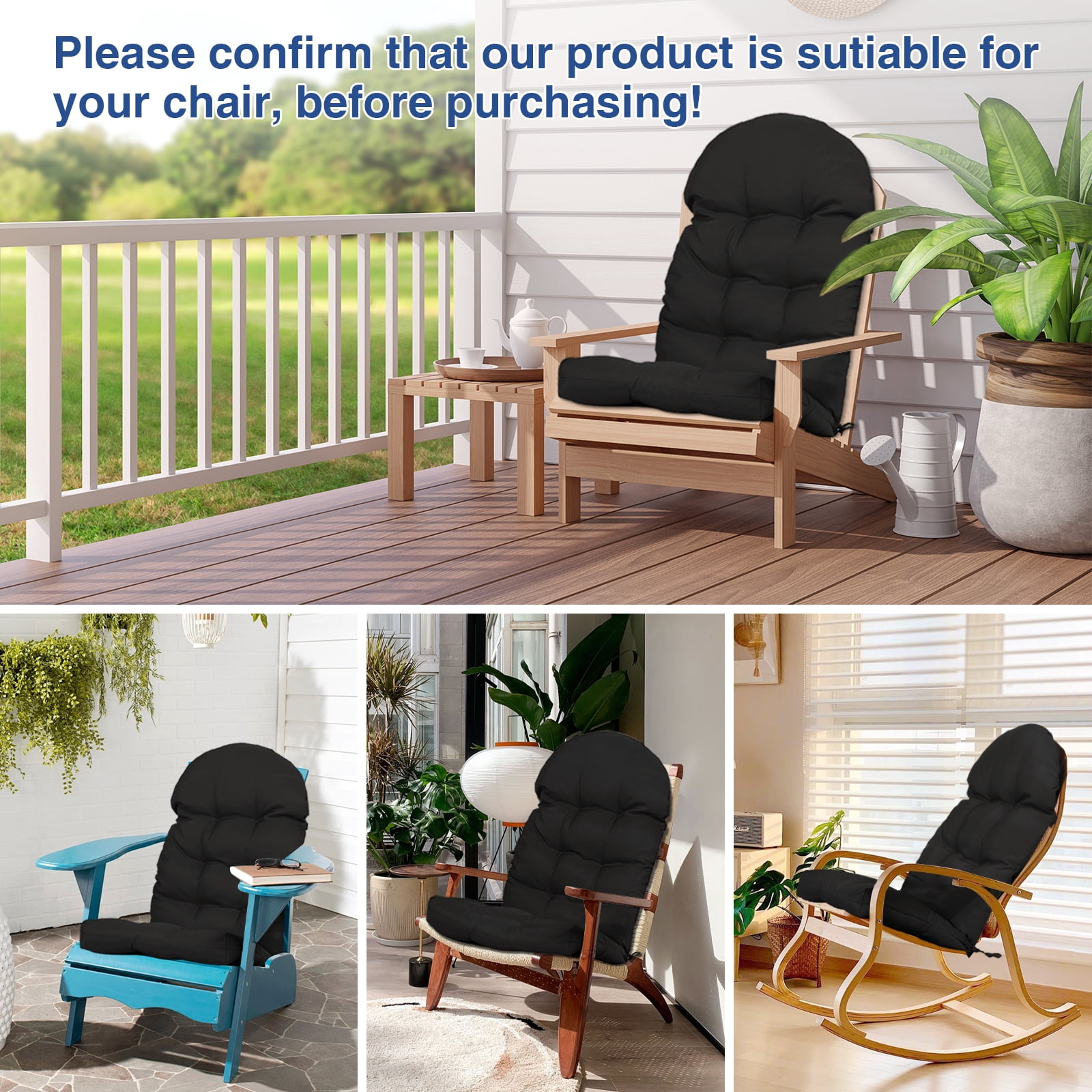 YEERSWAG Outdoor Adirondack Chair Cushions 43x20, Non-Slip Water Resistant High Back Patio Rocking Chair Pad with Ties, Black