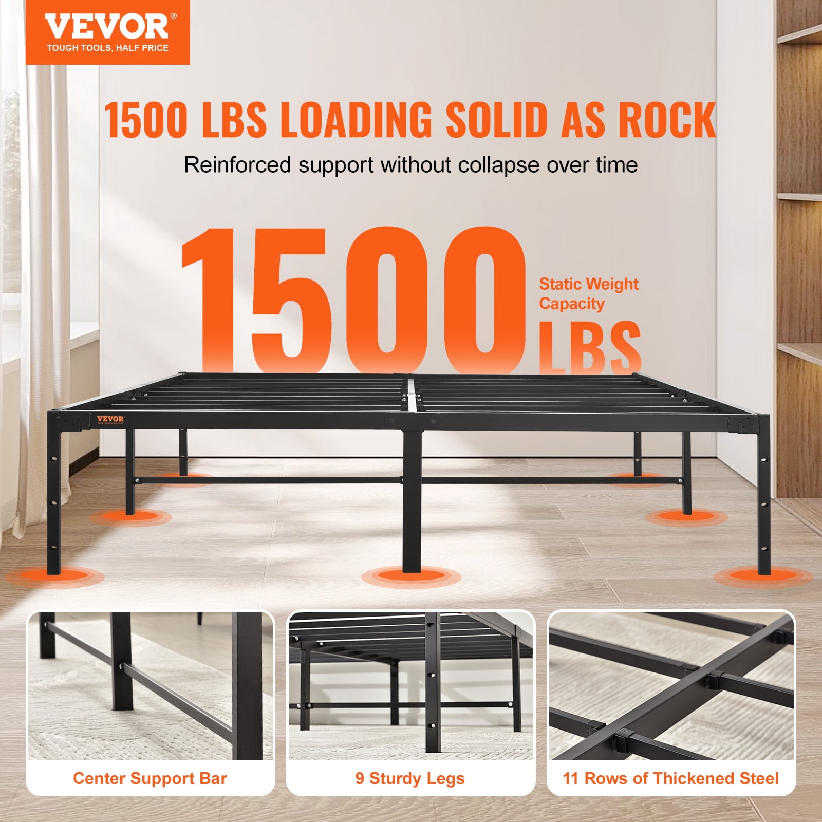 BENTISM Queen Size Bed Frame 14 inch Metal Bed Frame Platform 1500 lbs Noise Free