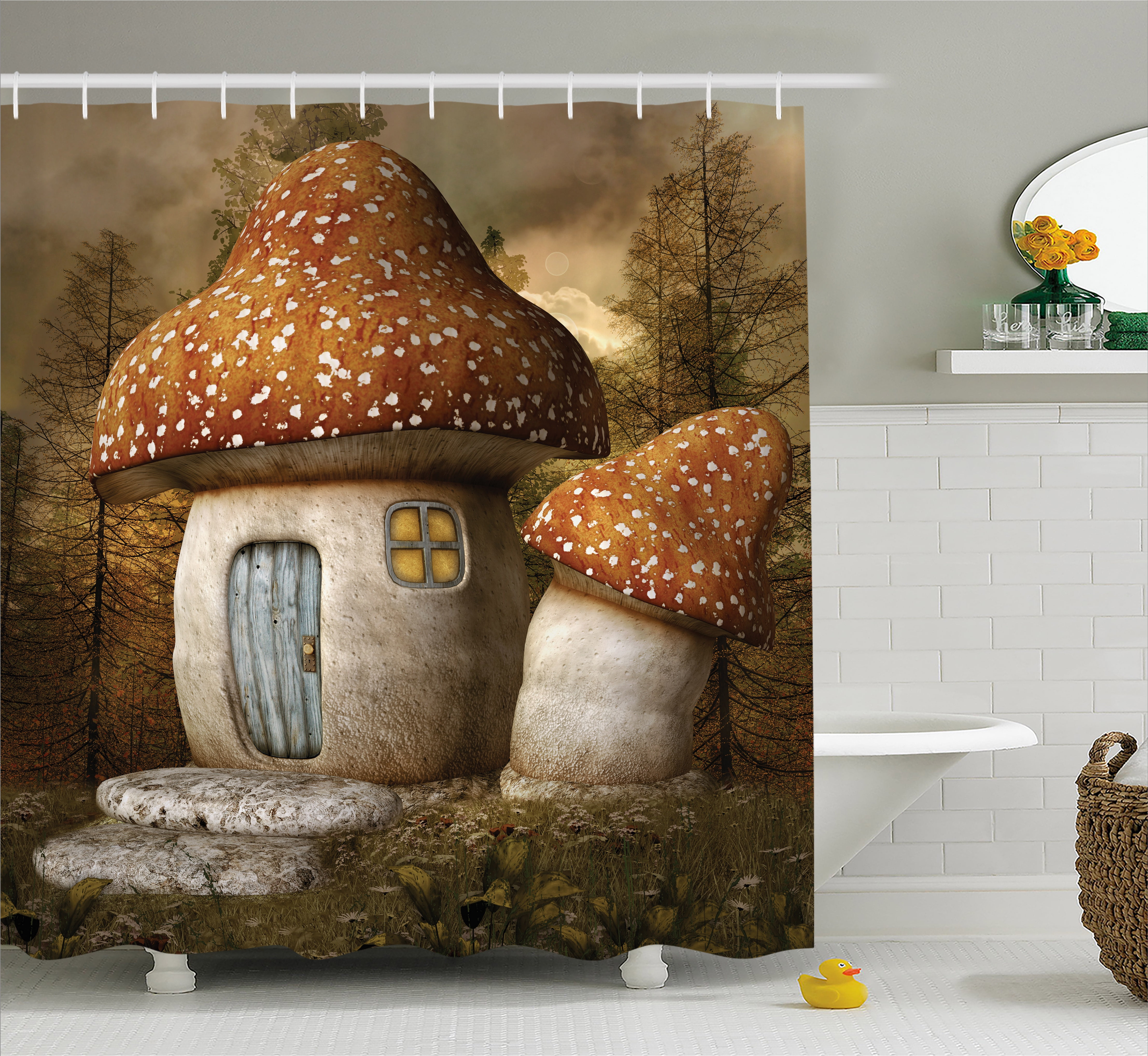 Fairy Tale Shower Curtain, Spotted Mushroom House Enchanted Forest with