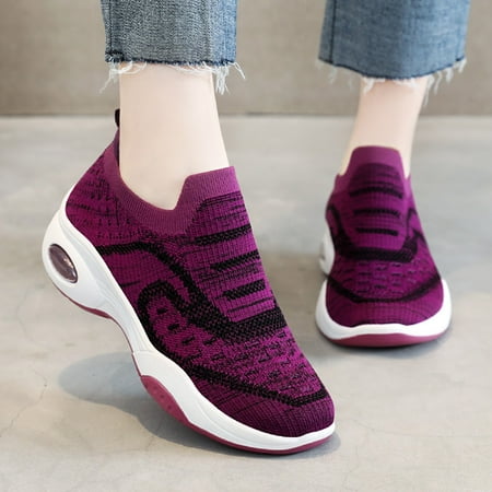 

Fashion Autumn Women Sports Flat Bottom Non Slip Lightweight Fly Woven Mesh Breathable Solid Color Slip On