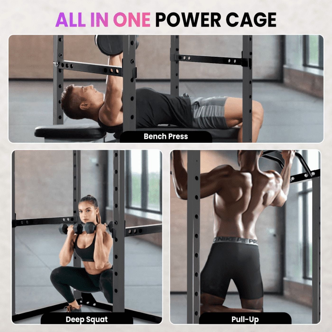 1.8mm Thickened Steel Power Cage, 1200 LBS Sturdy Power Rack, 14-Setting Squat Rack for Versatile Workouts including Bench Press, Squat, Pull-Ups, Great for Garage Gyms, Apartment Gyms, Community F