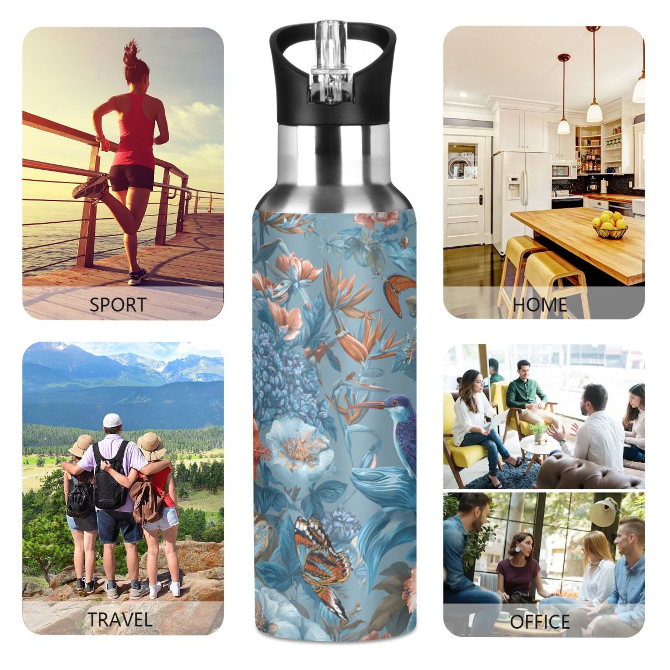 600ml Vacuum Insulated Sports Water Bottle with Foldable Straw Stainless Steel Portable Thermos Cup Birds and Flowers