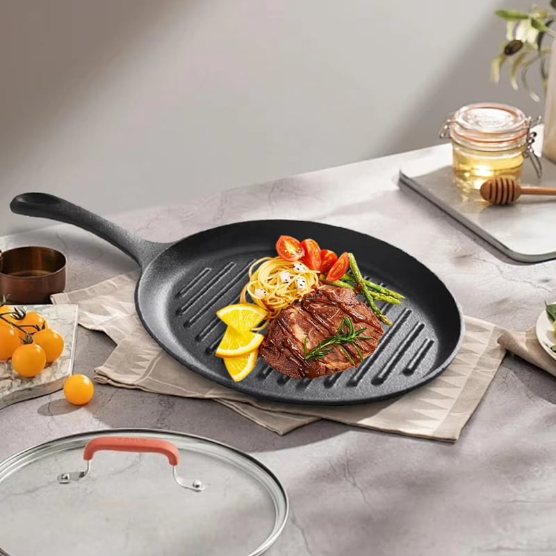 Cast Iron Grill Pan Non-Stick Frying Pan with Handle Grill Plate No Chemical Coating Gas and Induction Friendly
