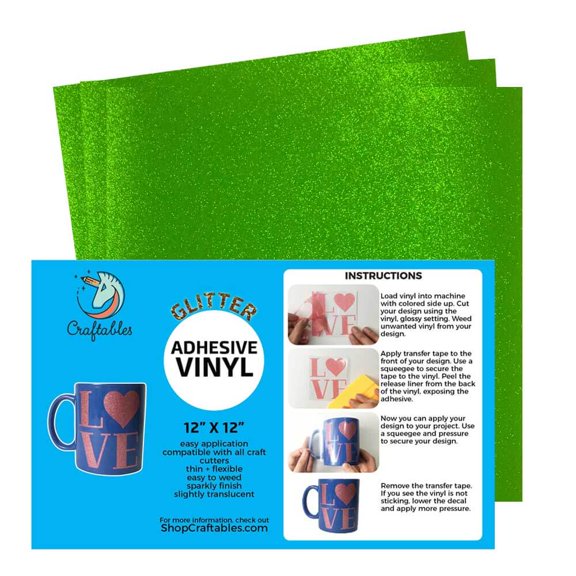 Craftables Green Glitter Adhesive Vinyl for Cricut, Silhouette Cameo, and Craft Cutters - (3) 12in x 12in sheets
