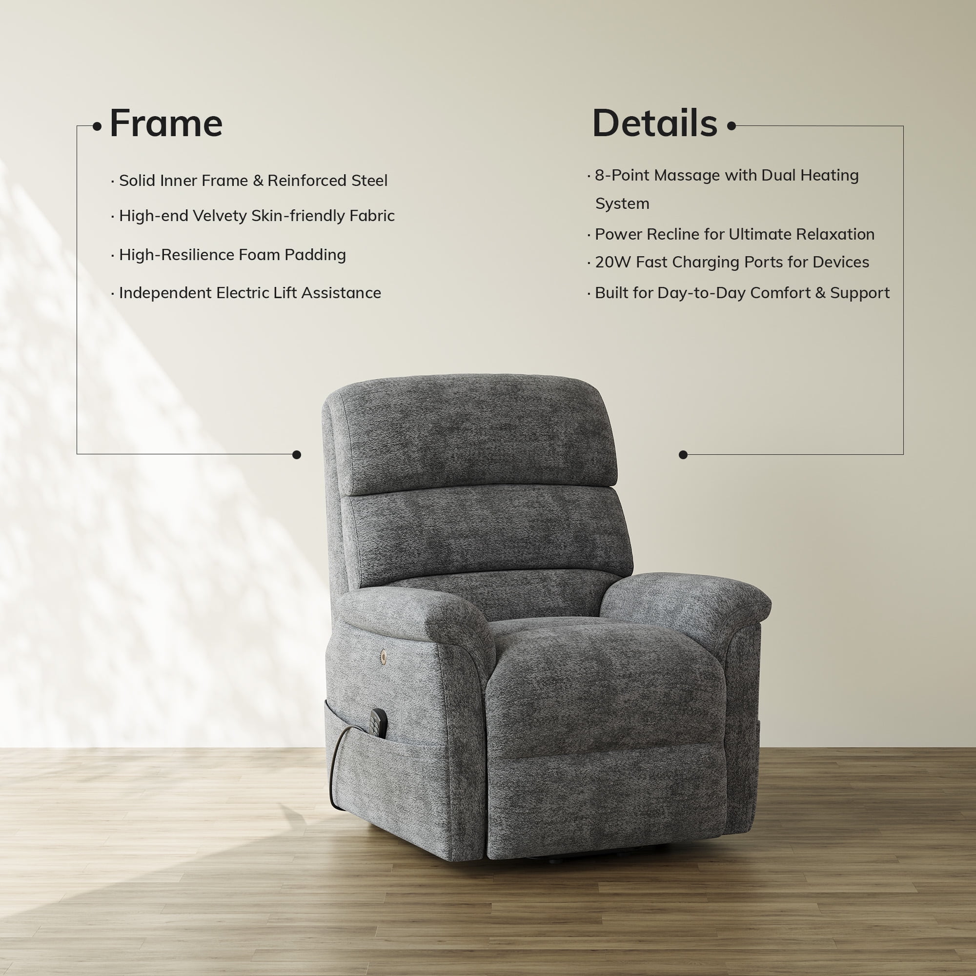 COLAMY Power Lift Recliner Chair for Elderly, Electric Massage and Heat Sofa with Lift Assistance, 20W USB and Type-C Fast Charging, Dark Grey