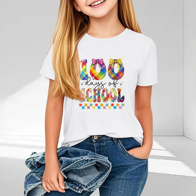 hengsof T-Shirt à Manches Courtes pour Enfants 100e Jour d'École, Col Rond, Imprimé Graphique Mignon, Chandail Décontracté Confortable, Chemise Basique Élégante