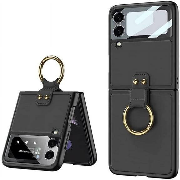 for Samsung Galaxy Z Flip 3 Case with Ring Holder, Luxury Leather All-Inclusive Camera Lens Anti-Drop Protective Case with Metal Kickstand for Galaxy Z Flip 3-Black