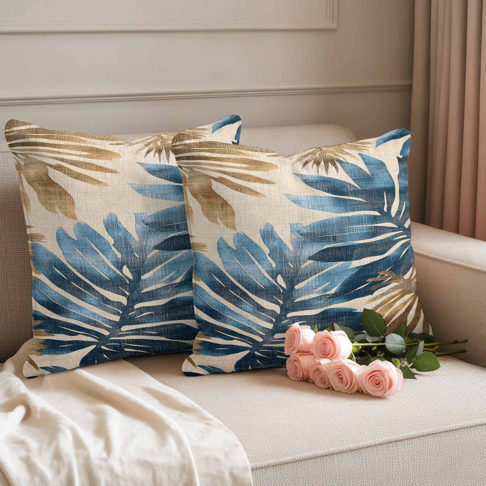 Pack of 2 Outdoor Pillow Covers 24x24 Inch Waterproof Blue Brown Palm Leaf Throw Pillow Covers,Decorative Couch Pillow Shams Protectors Retro Summer Botanical Patio Garden Pillowcases Cushion Covers