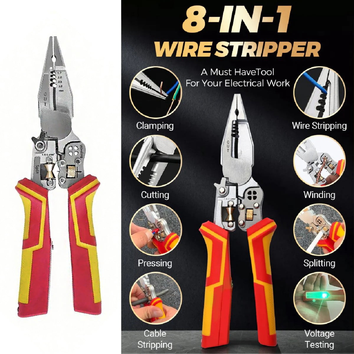 8 in 1 multi-function wire stripper, electrician pliers with charge measurement, wire clamp, wire splitter and wire winding multi-function tool, suitable for professionals and DIY enthusiasts