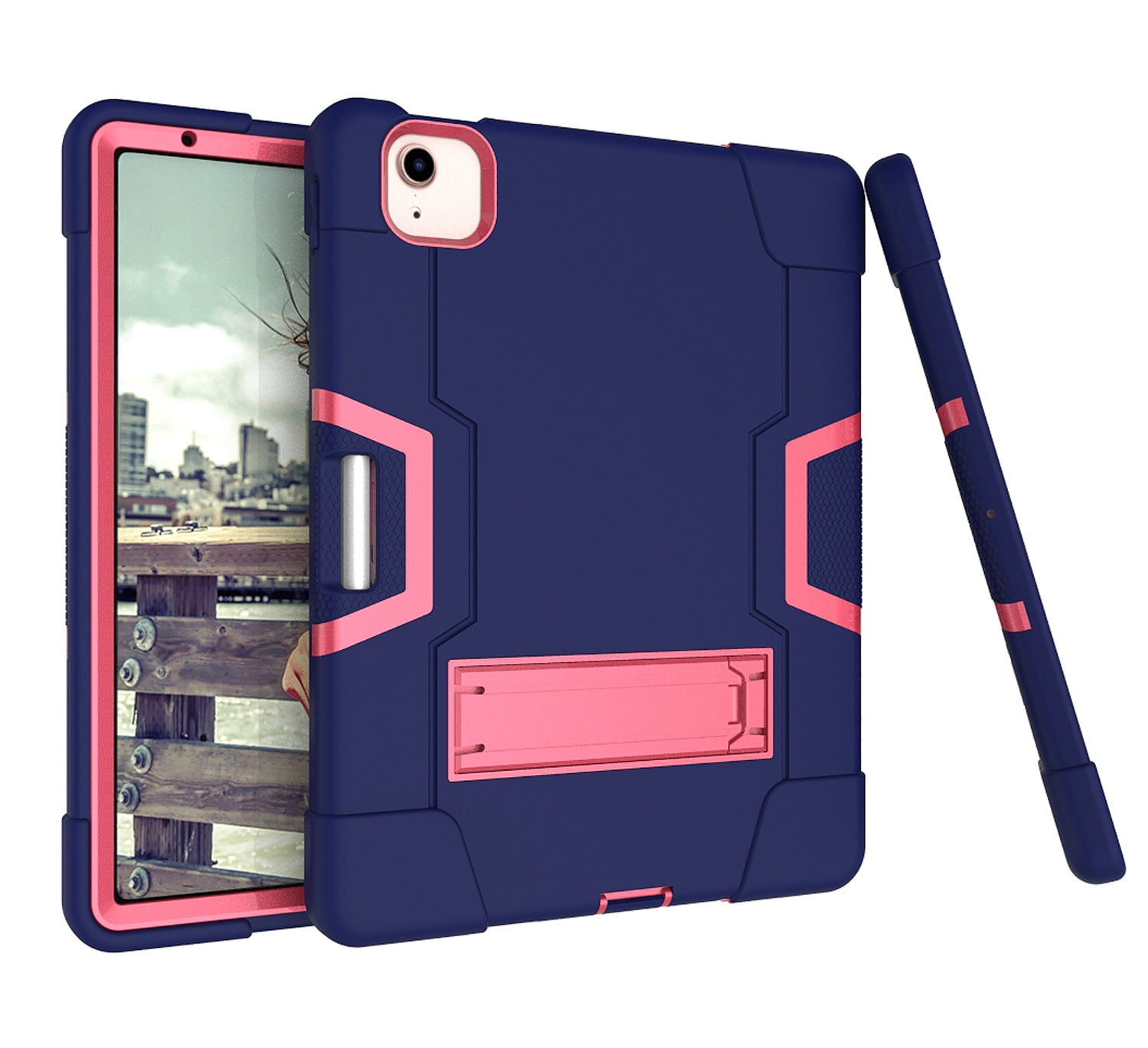 Allytech iPad Air 5 Case 2022, iPad Air 4 Case 2020, Heavy Duty Protection Shockproof Build In Kickstand Pencil Holder Kids Friendly Case for Apple iPad Air 5th 4th Generation, BlackNavyblue/Rose