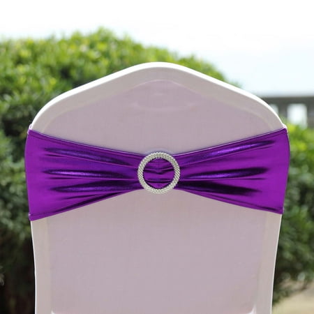 

BalsaCircle 5 Purple Metallic Spandex Chair Sashes Silver Round Buckles Party Ceremony