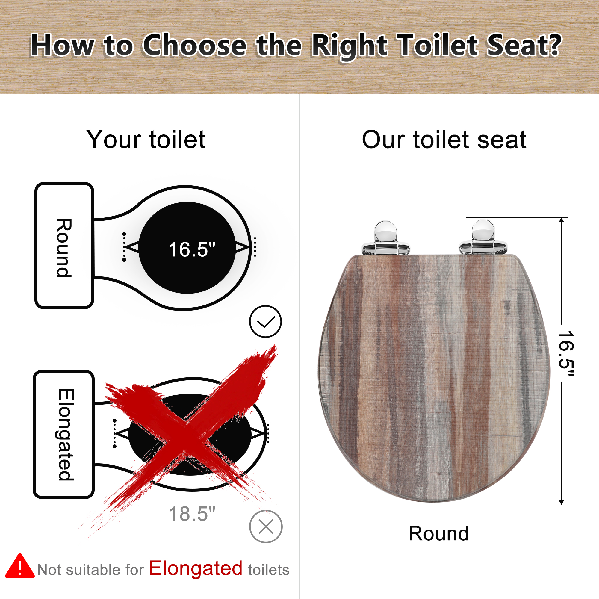 Angol Shiold Wood Round Toilet Seat with Quiet Close, Easy Clean, Quick-Release Metal Hinges ( Round 16.5'', Dark Board )