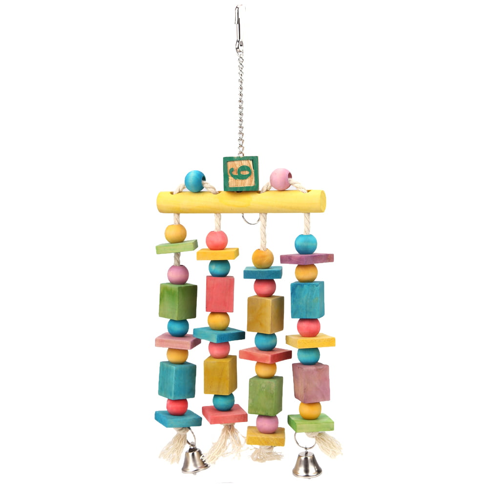 New Colorful Parrot Pet Bird Hanging Chew Toy Bells Ball Wood Blocks Swing Toy 