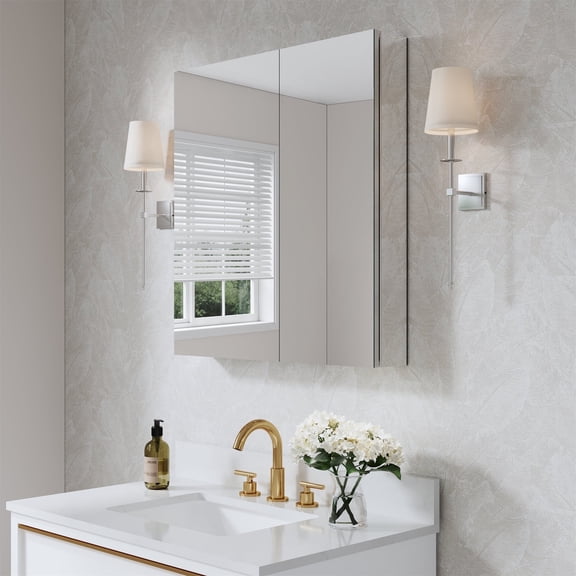 ANGELES HOME 28" x 30" Rectangle Medicine Cabinet Mirror, Surface Mount or Recessed Medicine Cabinet with Tempered Mirror, Anodized Aluminum Frame, Bathroom Mirror with Storage