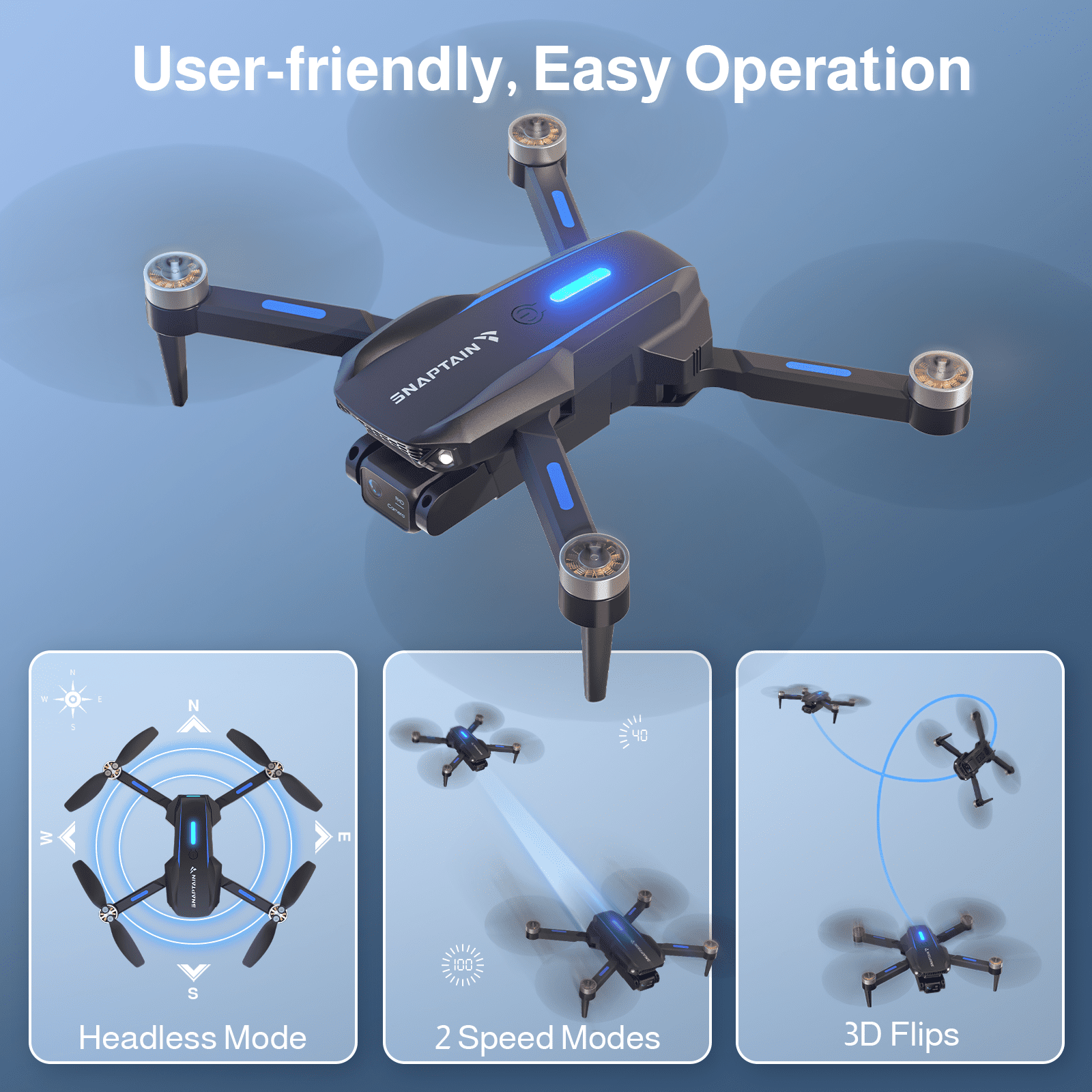 SNAPTAIN S5C-720P WiFi FPV Drone with 720P HD Camera, Voice/Gesture Control, RC Quadcopter for Beginners Black