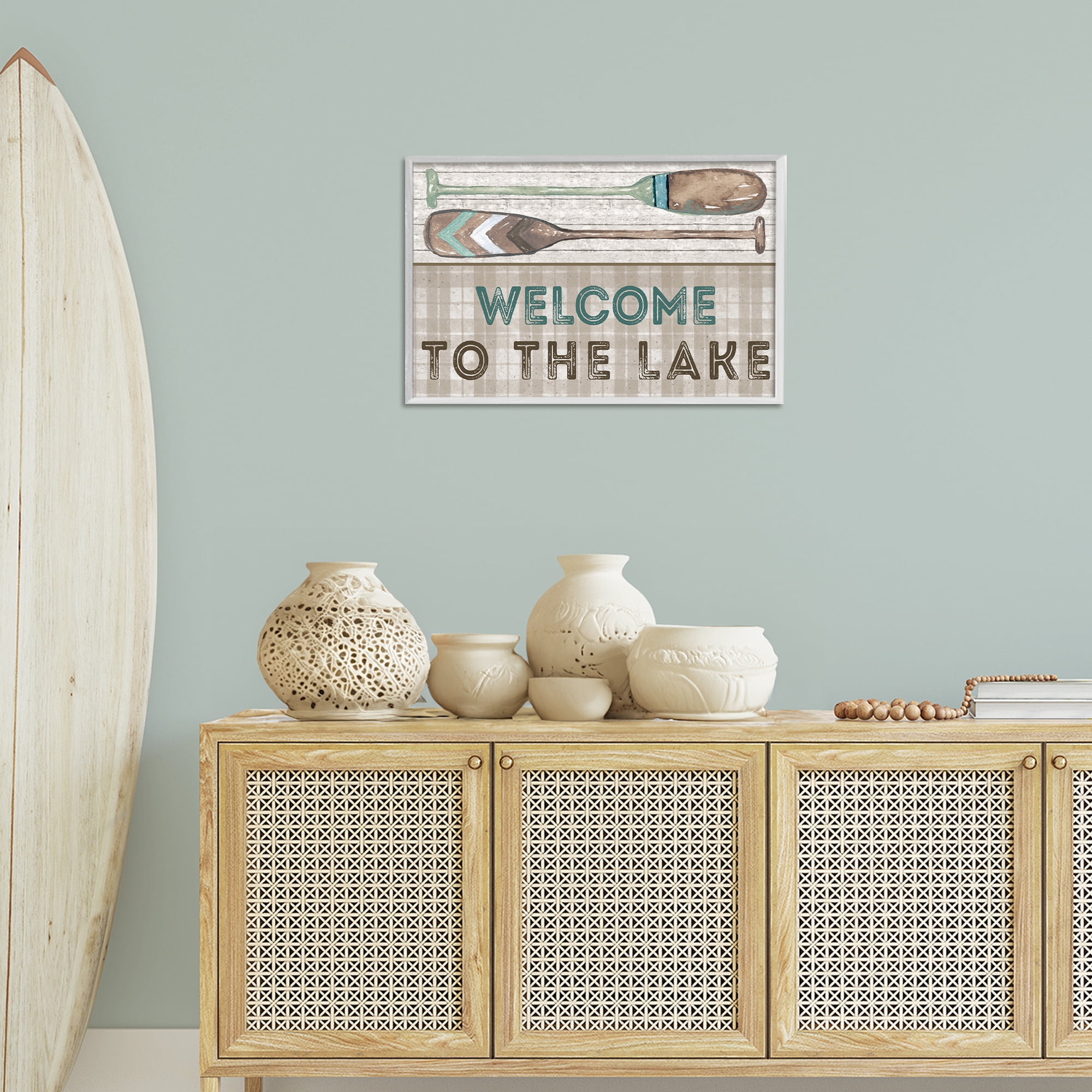Stupell Industries Rustic Welcome Lake Oars Typography Painting White Framed Art Print Wall Art, 24 x 16
