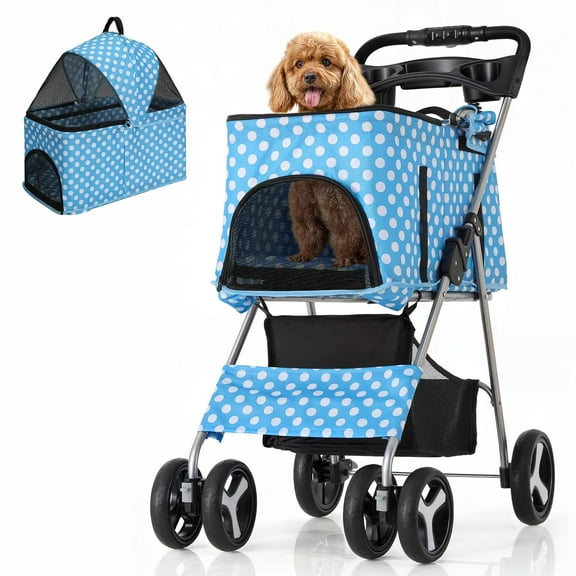 Dog Stroller, 3-in-1 Foldable Pet Stroller for Cats with Detachable Carrier & Storage Basket & Cup Holder, Cat Stroller for Medium Dogs Up to 33 lbs, Sky Blue with White Polka Dots