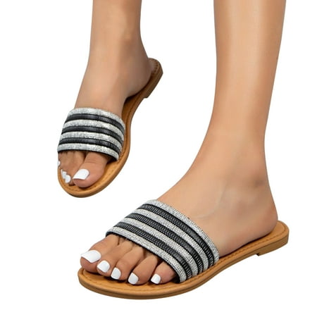 

ZIZOCWA Pu Leather Women Sandals Fashion Summer Rhinestone Open Toe Flat Slippers Outdoor Striped Beach Shoes Non-Slip Sandales Femme Black Size8