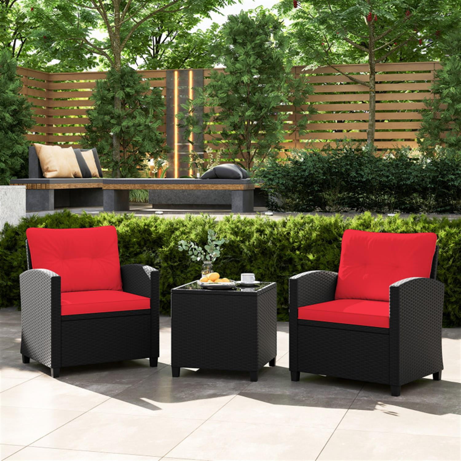 Demi Bonn 3 Pieces Rattan Patio Furniture Set with Washable Cushion, Conversation Armchairs for Garden Poolside Balcony, Red
