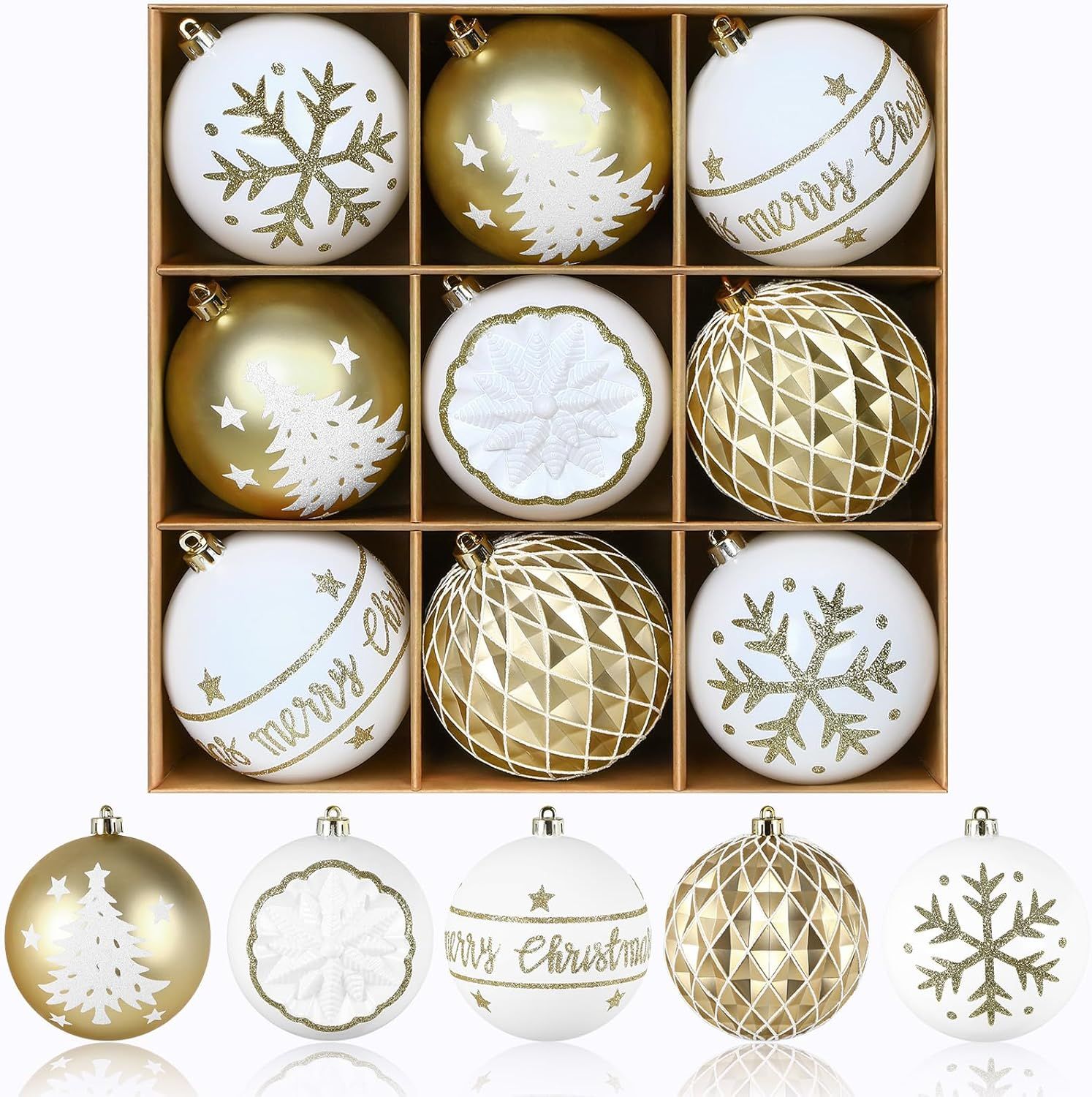 100MM/4 Inch 9PCS Large Christmas Balls Ornaments, Shatterproof Plastic Hanging Big Baubles Set for Xmas Tree Decoration Holiday Party Wedding Decorations with Hook