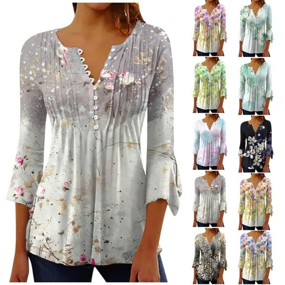 Fesfesfes Yoga Shirts for Women Fashion Printed Casual V-Neck Short Sleeve Loose T-Shirt Blouse Tops V Neck Shirt S(US:4)