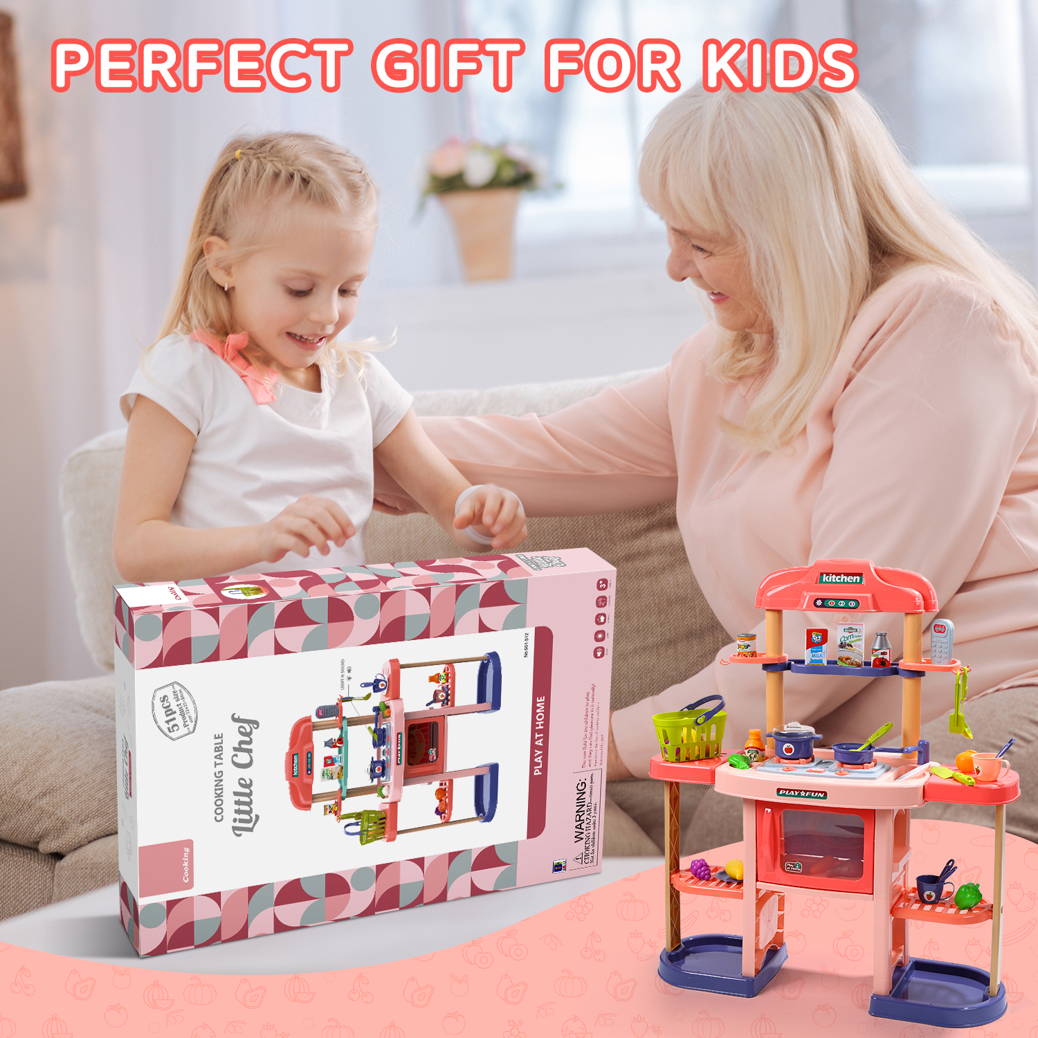 JoyStone Wooden Play Kitchen Set, Pretend Kitchen Toy with Ice Maker, Stove, Oven, Sink, Accessories, Modern Style Kitchen Playset for Kids and Toddlers Age 3+, Pink