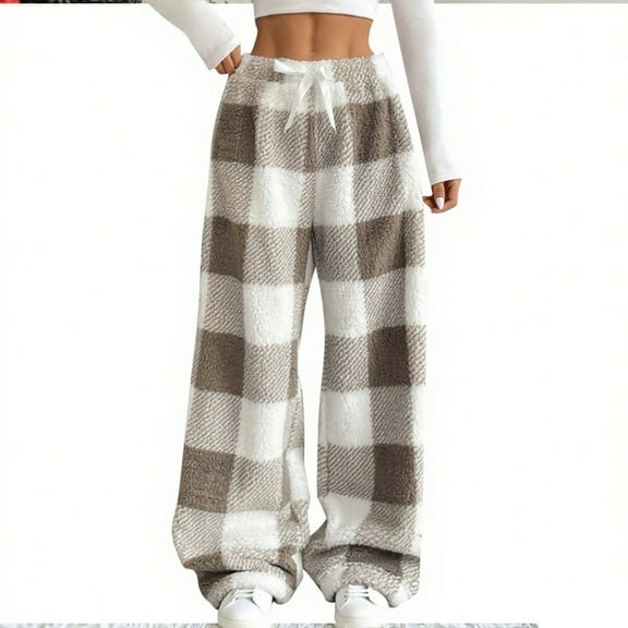Gytharion Fuzzy Pajama Pants for Women Winter Fleece Warm Pj Pants with Pockets Cute Plaid Printed Drawstring Elastic Waisted Furry Lounge Pants