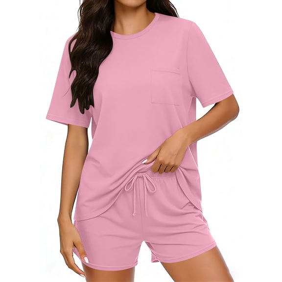 Two Piece Short Sets for Women Casual Summer Pajama Set Short Sleeve Crew Neck Lounge Matching Set