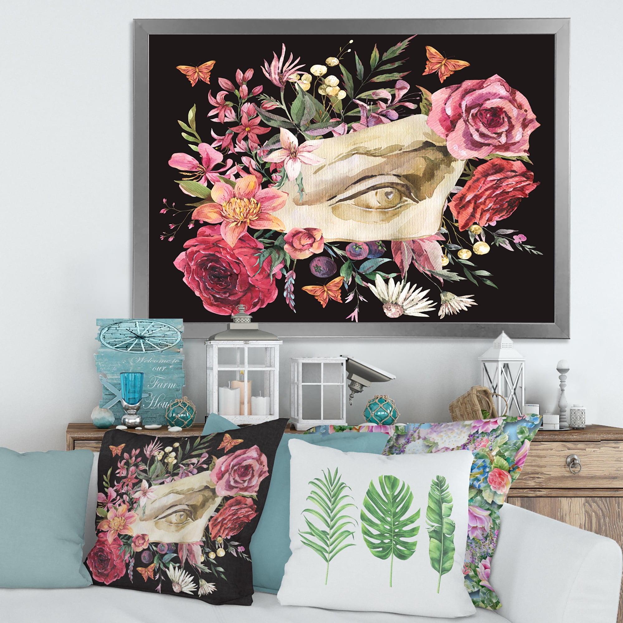 Designart 'Dried Wildflowers With Greek Sculpture David Eye' Farmhouse Framed Art Print