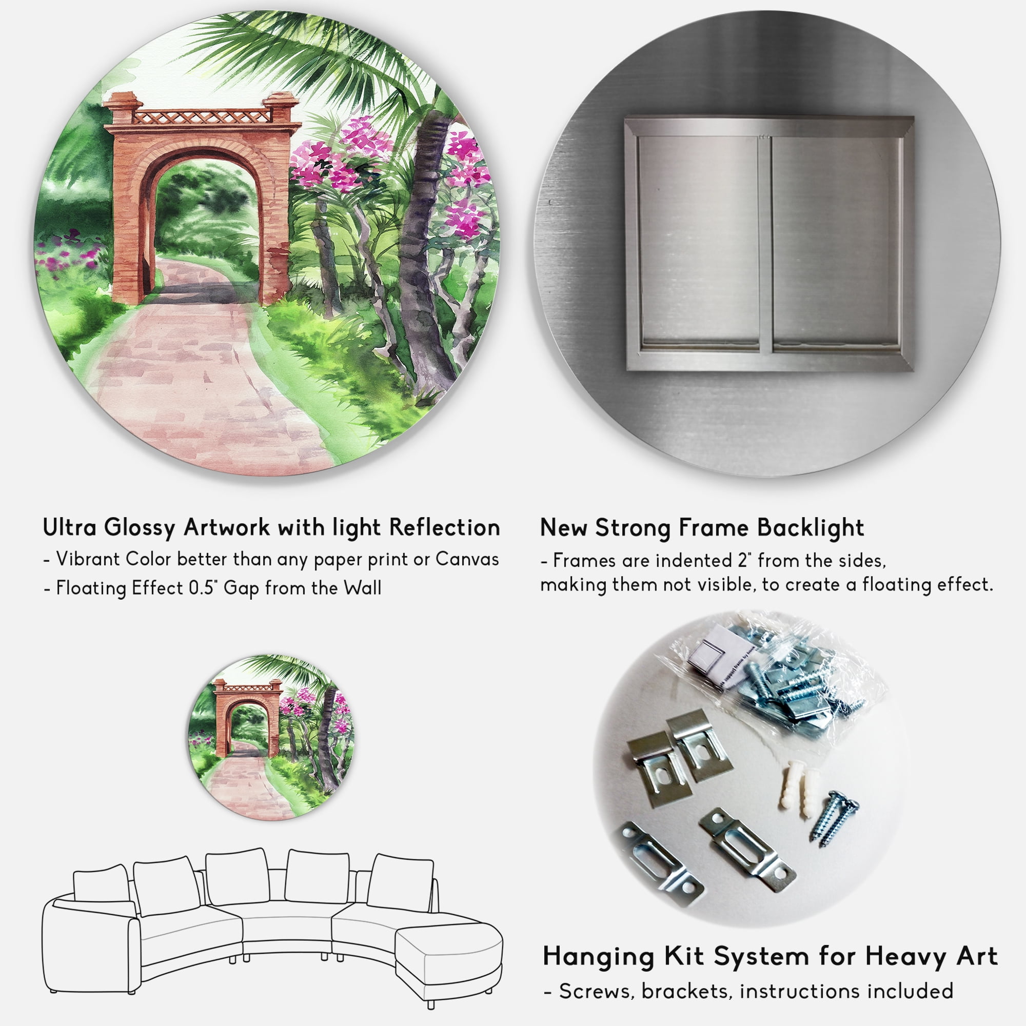 Designart 'Traditional Gate On Path In Tropical Oasis' Tropical Circle Metal Wall Art 36x36 - Disc of 36