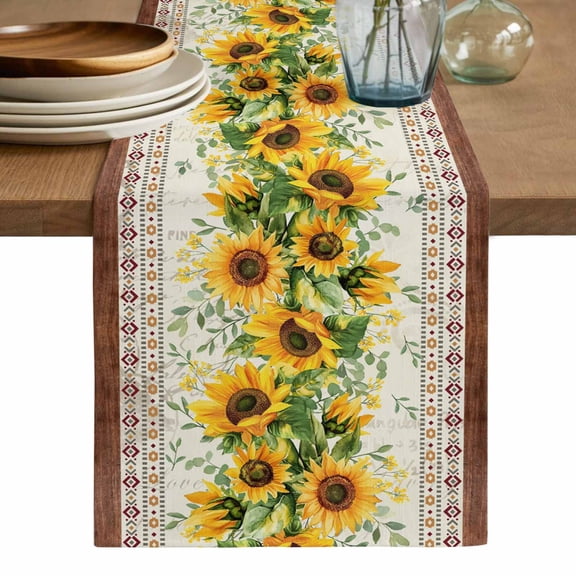 Sunflower Brown Table Runner, Retro Southwest Country Plant Leaf Floral Washable Cotton Linen Table Runners 48 Inches Long, Dresser Scarf Runner for Nightstand/Coffee/End Tables 13''x48''