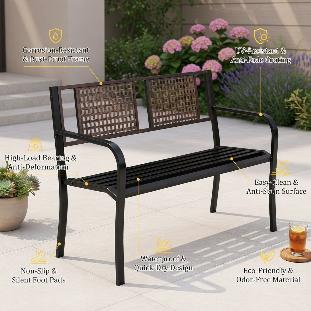 Hommoo 50" Outdoor Metal Patio Bench for 2-3 People, Rattan-Style Garden Bench with Heavy-Duty Steel Frame & Anti-Slip Feet, Black