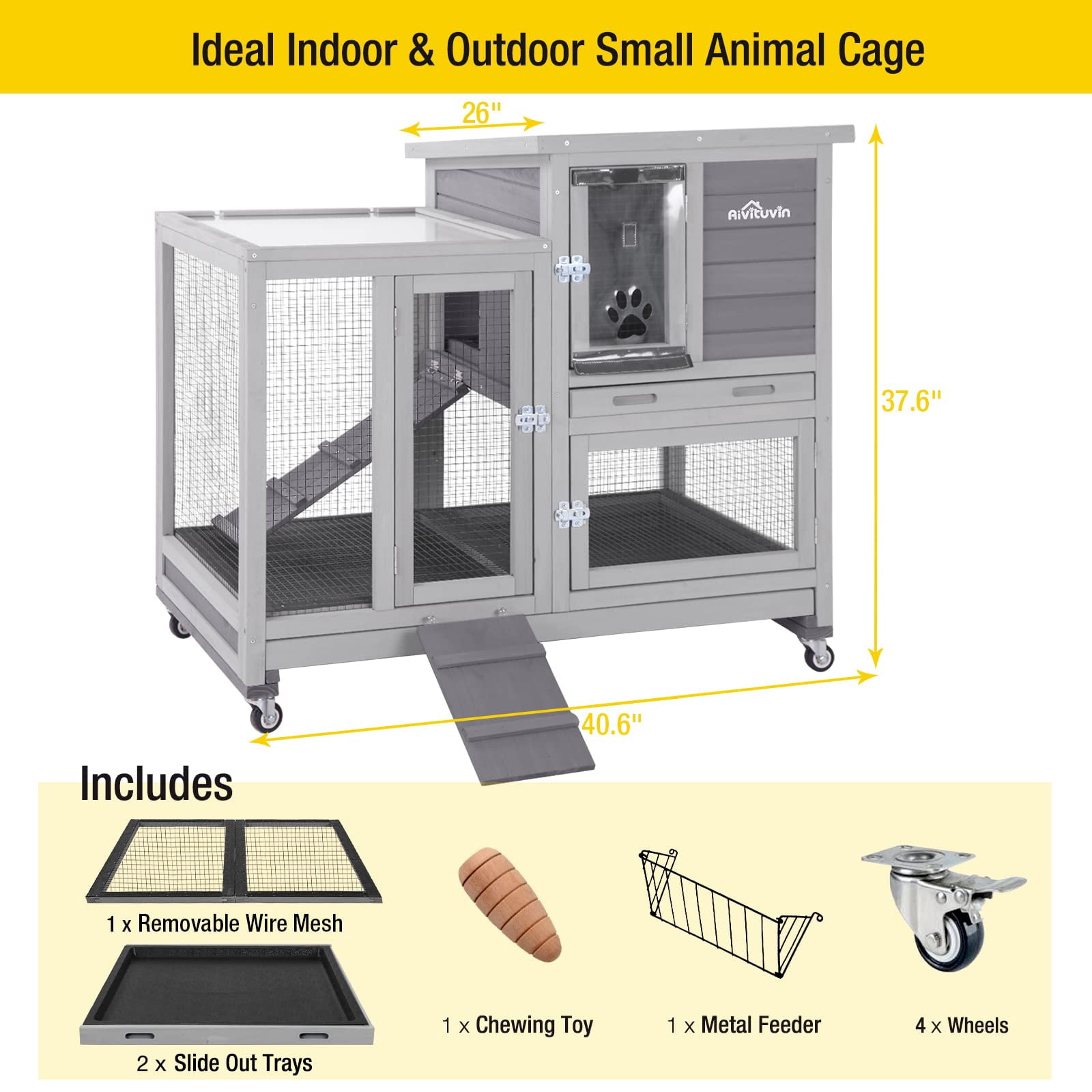Large Rabbit Hutch Wooden Bunny Cage with Wheels, Two Pull Out Trays, Indoor Outdoor Pet House for Rabbits Guinea Pigs Hamsters, Grey