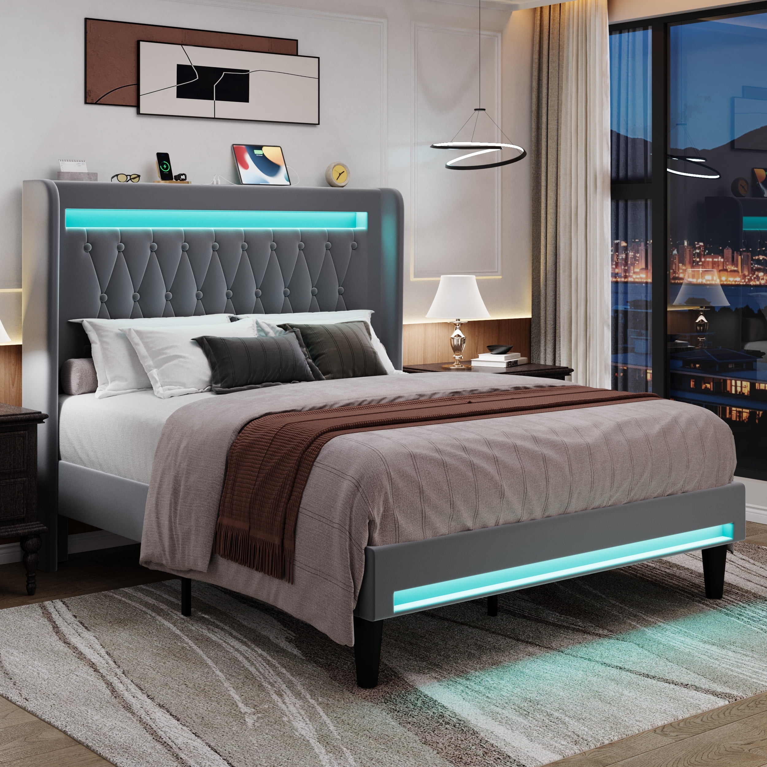 Amolife Queen Size LED Bed Frame, Upholstered Velvet Platfrom Bed with Charging Station, High Wingback Headboard & 2 Lights, No Box Spring Needed, 900 LBS Capacity, Gray
