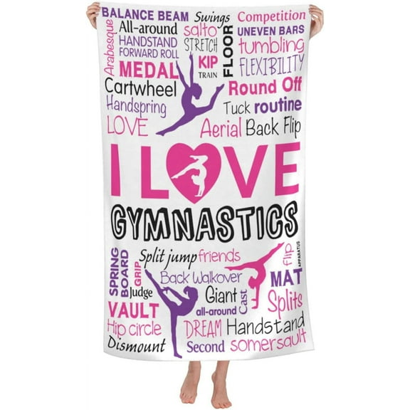 Microfiber Gymnastics Bath Towels for Adults, Pink I Love Gymnastics White Beach Towels, Gymnastics Gifts Ideas for Gymnast Girls, Quick Dry Pool Towel Beach Accessories, Oversized 31.5x51.2