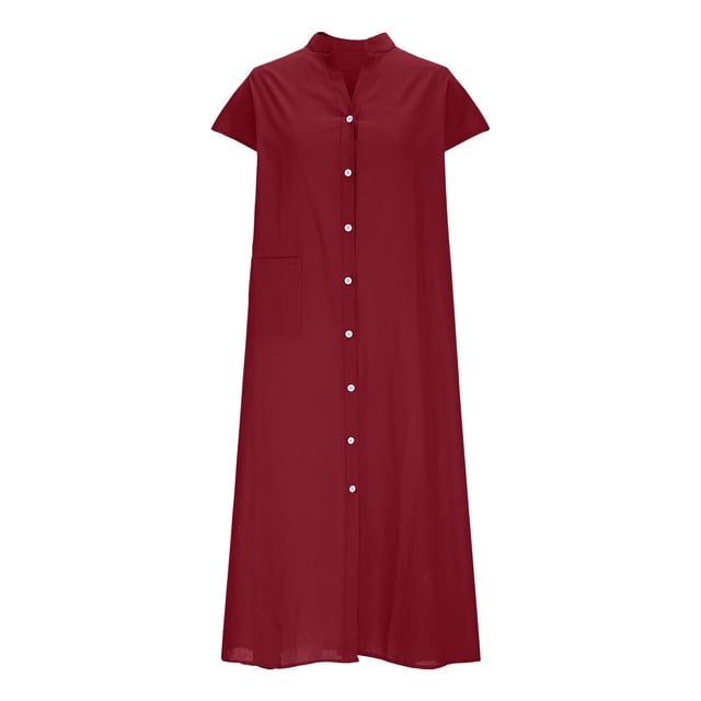Ovzne Robes Grande Taille pour Femmes Rondes Robe d'Été Mode Femmes Été Bouton Décontracté Uni Col en V Manches Courtes Robe Grande Taille Liquidation
