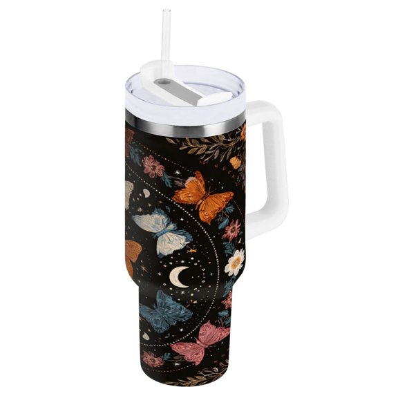 40 oz Insulated Stainless Steel Tumbler Double Wall Stainless Steel Tumbler with 2-Way Drinking Colorful Butterflies with Flowers