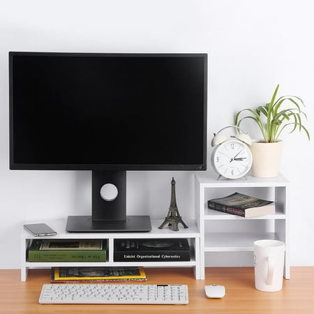 Qiilu Wooden Computer Monitor Stand Riser With Drawers Laptop Tv Qiilu Wooden Computer Monitor Stand Riser With Drawers Laptop Tv Desktop Storage Organizer Sit