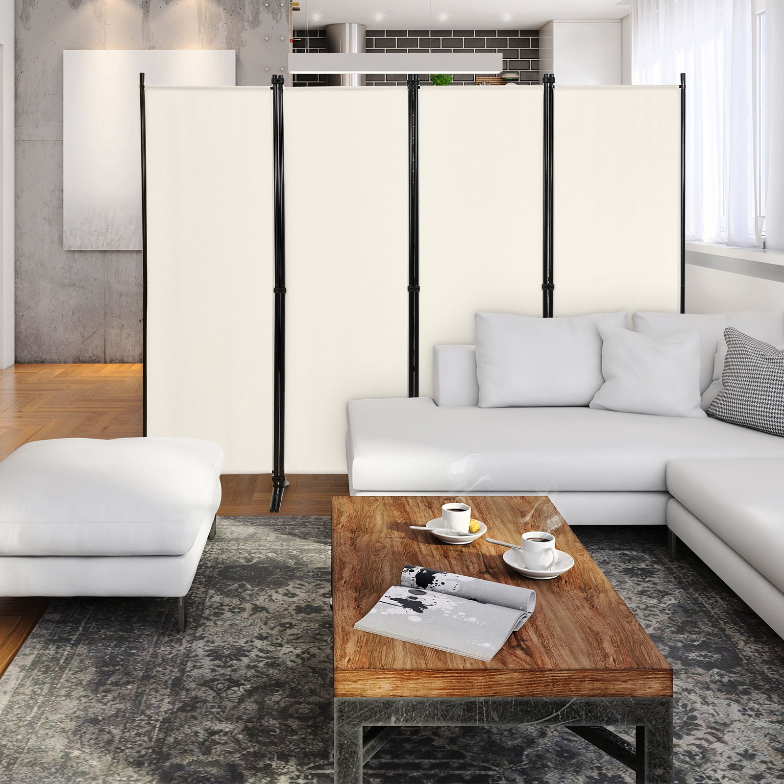 Patiojoy 5.6Ft Tall Folding Room Divider Freestanding 4-Panel Privacy Screen w/Iron Frame White