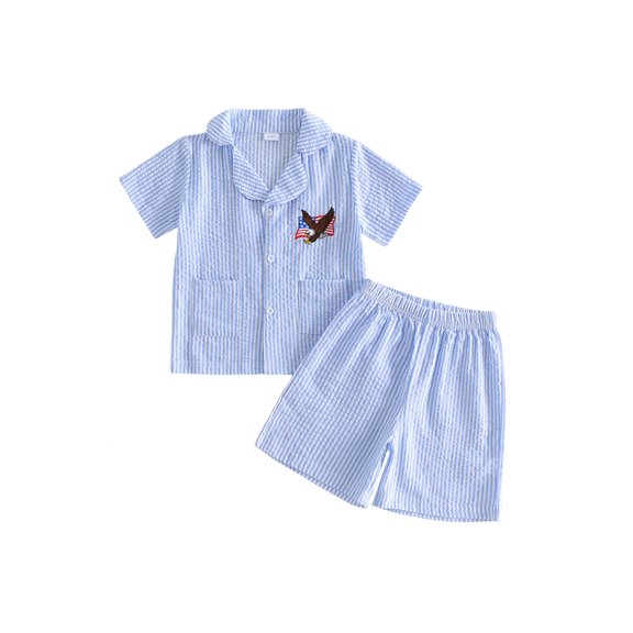 Cenuakty LIttle Kids 12M-5T Baby Boy 4th of July Outfit Striped Embroidered Button Down Short Sleeve Tops and Shorts 2 Pcs Set