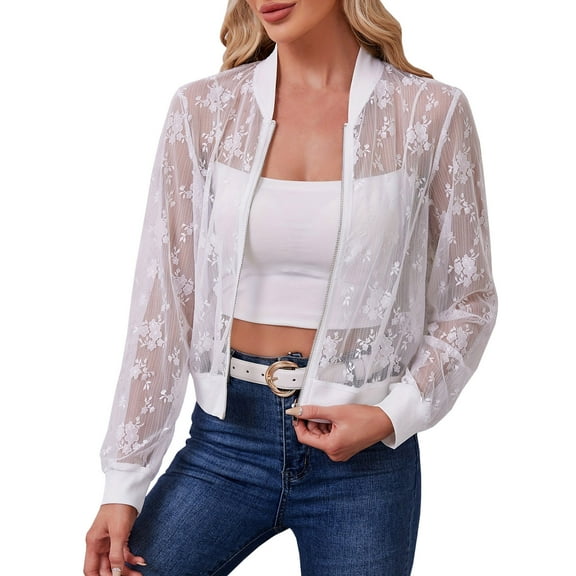 HTNBO Womens Zip Up Hollow Out Floral Sexy Lace Crop Bomber Jackets See Thru Sheer Mesh Baseball Jacket
