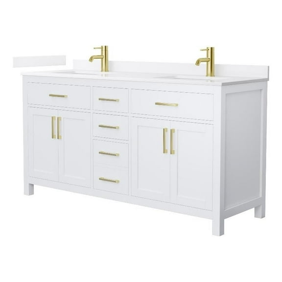 Beckett 66" White Double Vanity & White Quartz Top (1-Hole) & Gold Trim