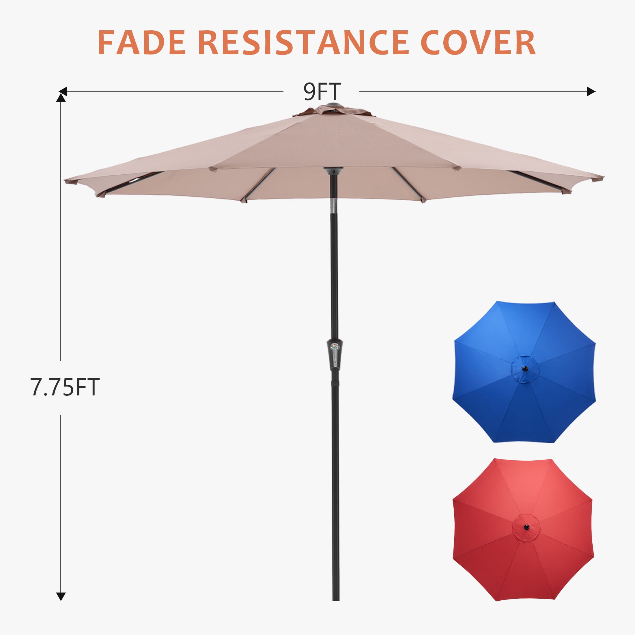 EDX 9FT Patio Umbrella Market Umbrella w/Tilt and Crank Heavy-Duty Round Outdoor Umbrellas for Garden, Deck, Backyard, Pool and Beach(brown)