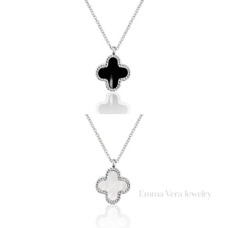 Silver Mother of Pearl, Black Clover Necklace