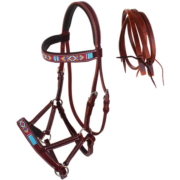 Horse Western English Leather Beaded Bitless Sidepull Bridle Reins 77RS15MG-F